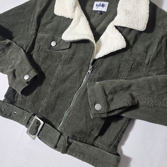 Vylette Green Corduroy Crop Jacket Sherpa Collar Womens Size Small - Picture 2 of 7
